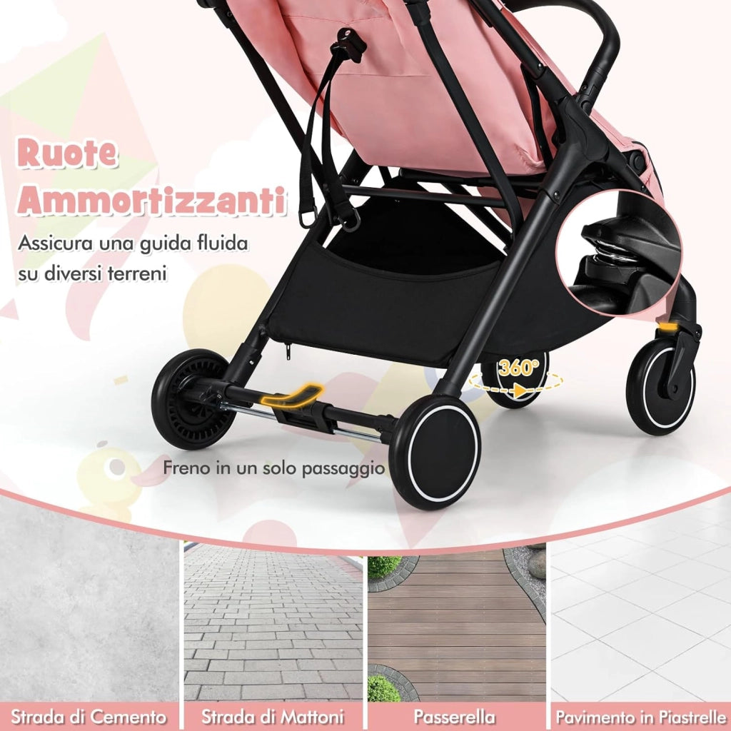 Passeggino Leggero Pieghevole per Bambini, Passeggiono Compatto con Schienale e Cappotta Regolabile, Cinture di Sicurezza a 5 Punti, Ruote con Freno, Fino a 15 kg (Rosa)