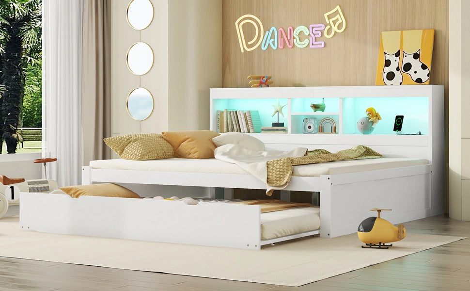 DESMIU Litto a banquette 140 × 200 cm con luce LED, vano laterale, letto estraibile, USB, senza materasso, bianco