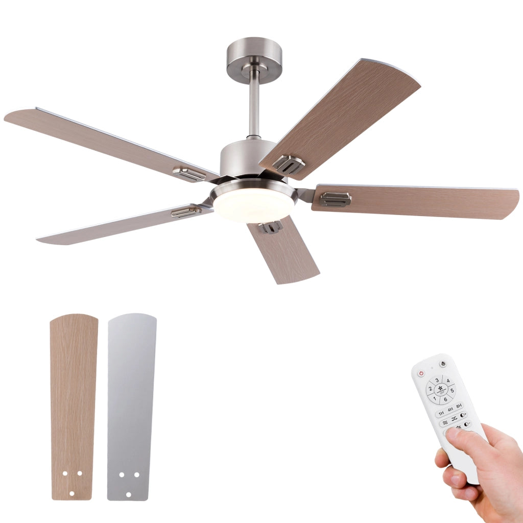 Ventilatore da soffitto con luce LED dimmerabile e telecomando; 6 velocità; nichel