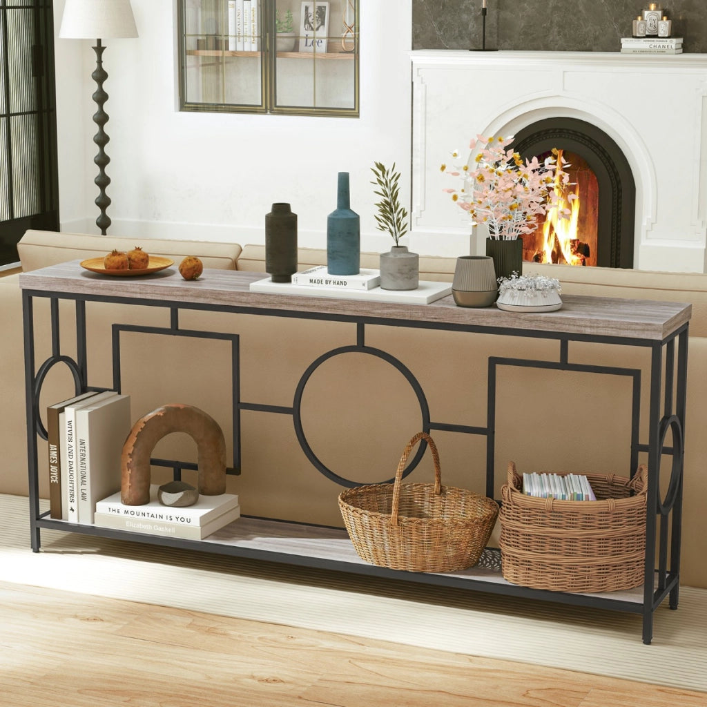 Tavolo consolle moderno a 2 ripiani stile mid-century-Tavolo consolle stretto per ingresso con struttura in metallo Marrone rustico e nero