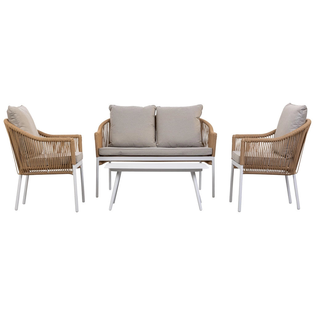 Set tavolo, divano e 2 poltrone beige 90x50x40, 58x65x84, 117x65x84