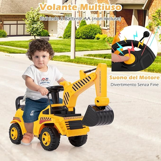 Escavatore a Spinta Cavalvabile per Bambini, Ruspa Giocattolo con Benna da Scavo Suono e Spazio di Stoccaggio, Veicolo da Costruzione per Bambini 19-36 Mesi (Stile 4)