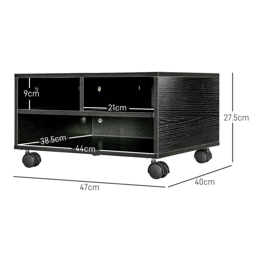 Mobile Porta Stampante a 2 Ripiani in Legno con Ruote per Ufficio e Studio, 47x40x22.5cm, Nero