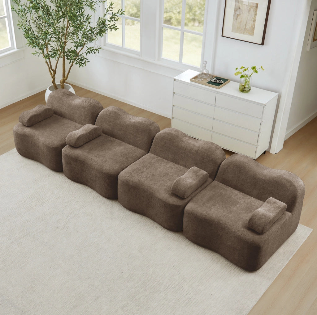 Divano modulare da soggiorno in velluto marrone 384x98x70 cm con seduta profonda