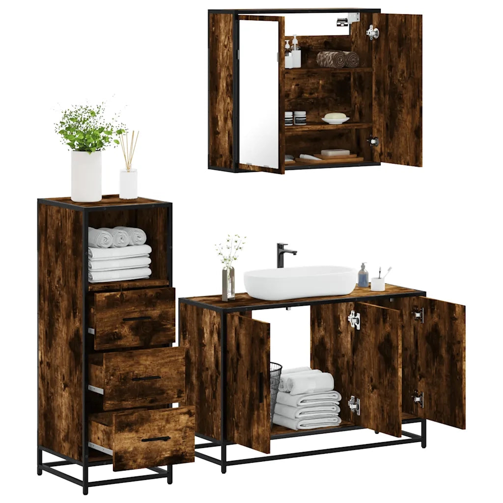 Set Mobili da Bagno 3 pz Rovere Fumo in Legno Multistrato