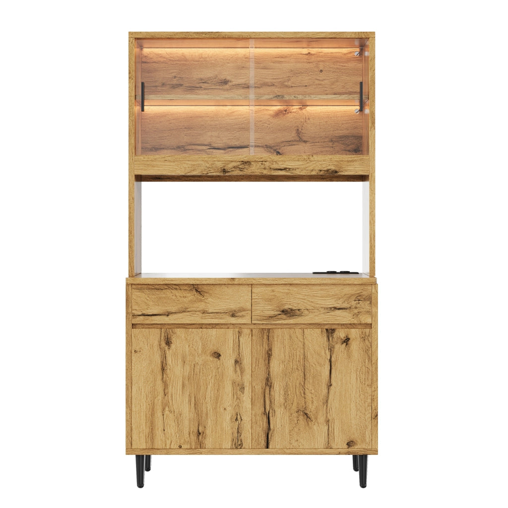 Credenza alta con LED e prese con 1 USB-A e 1 USB-C per soggiorno e sala da pranzo, 100 × 40 × 185 cm