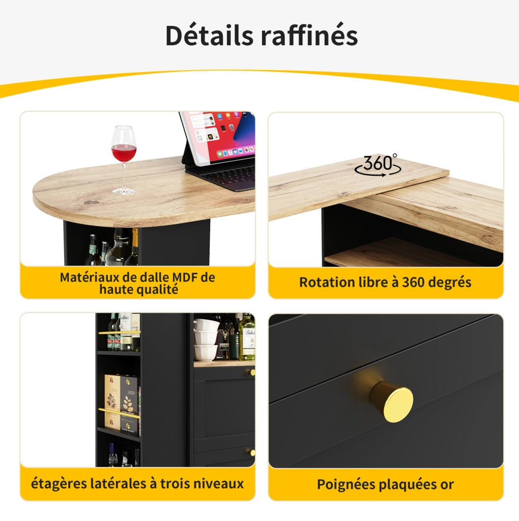 Mobile modulare nero in MDF con 4 cassetti e ripiano laterale girevole a 360°