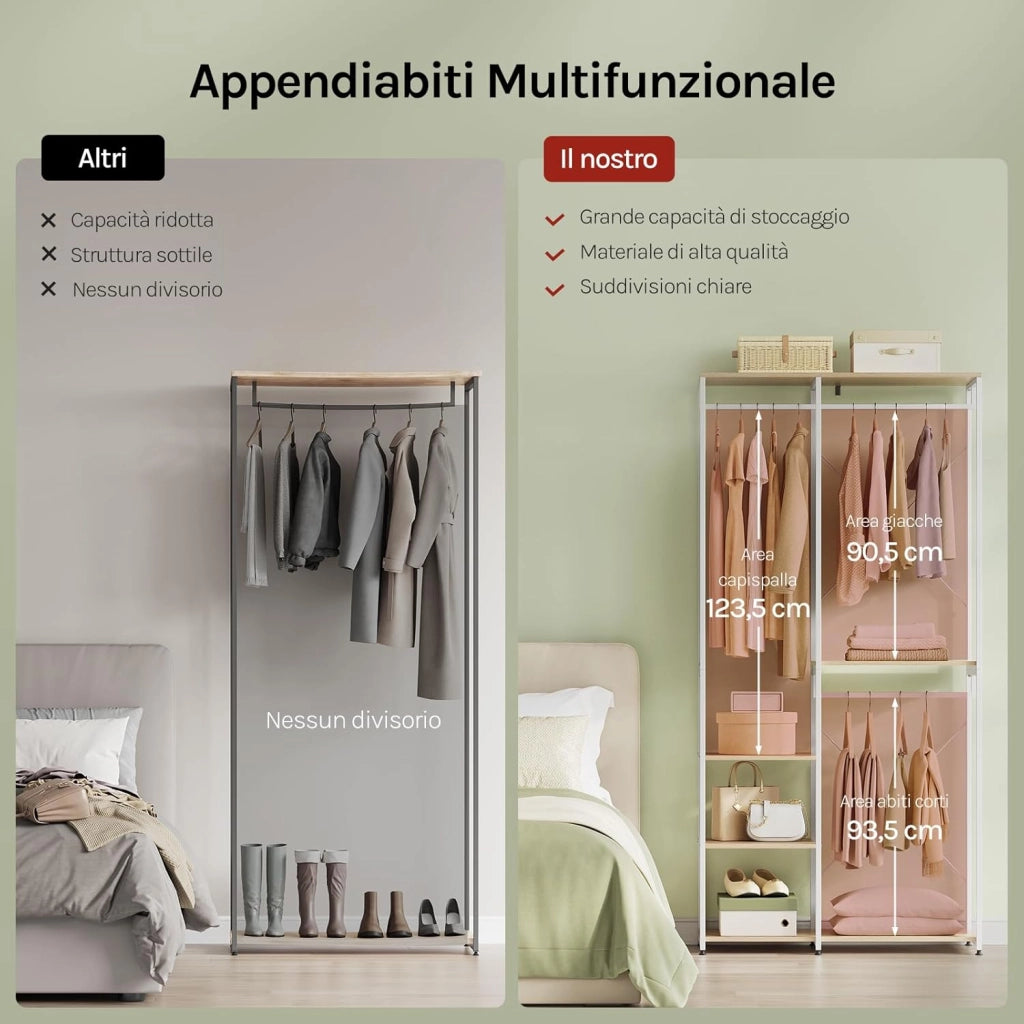 Porta Abiti in MDF e Acciaio, Appendiabiti con Scaffali, Attaccapanni Moderno, Guardaroba Armadio Bianco 90x40x204,5 cm