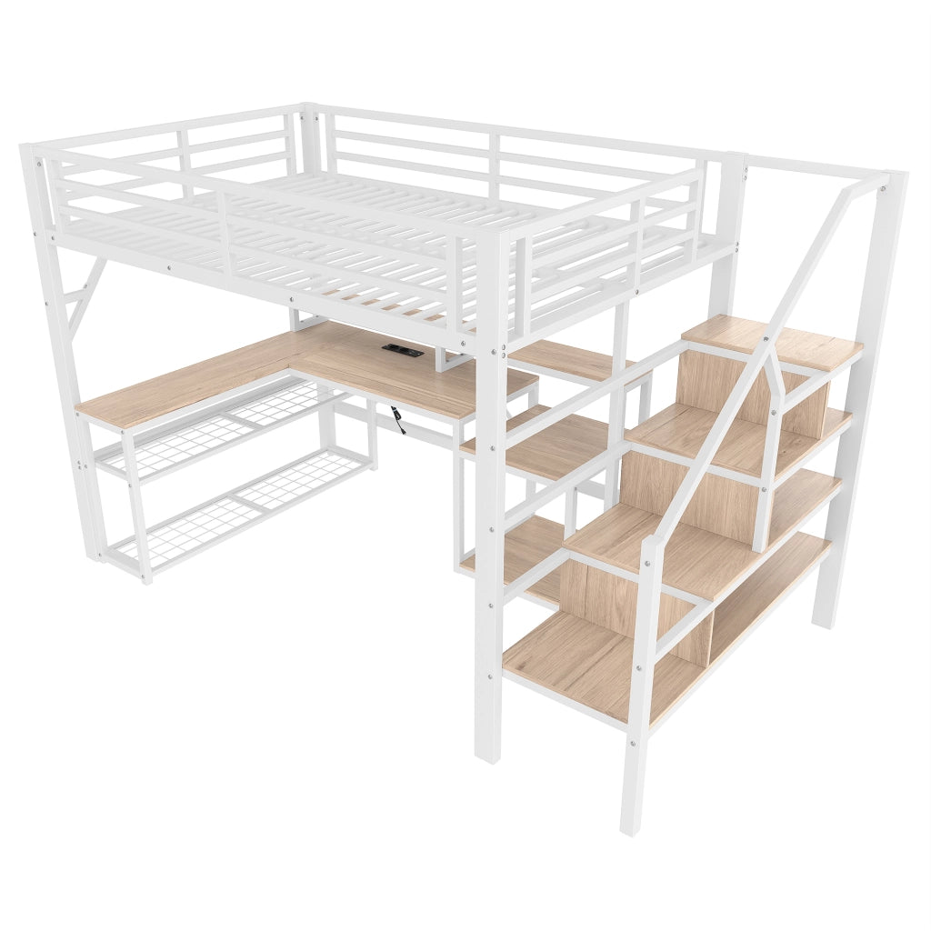 OKWISH Letto a soppalco 140×200 cm, Letto Matrimoniale con LED Regolabile, USB, Scrivania e Mensole, senza Materasso, in Metallo, Bianco