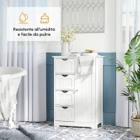 kleankin Mobile da Bagno con 4 Cassetti e Armadietto con Ripiano Regolabile a 3 Altezze, Armadietto da Bagno Salvaspazio con Vernice Ecologica, Anti-Ribaltamento in MDF, 56x30x83cm, Bianco