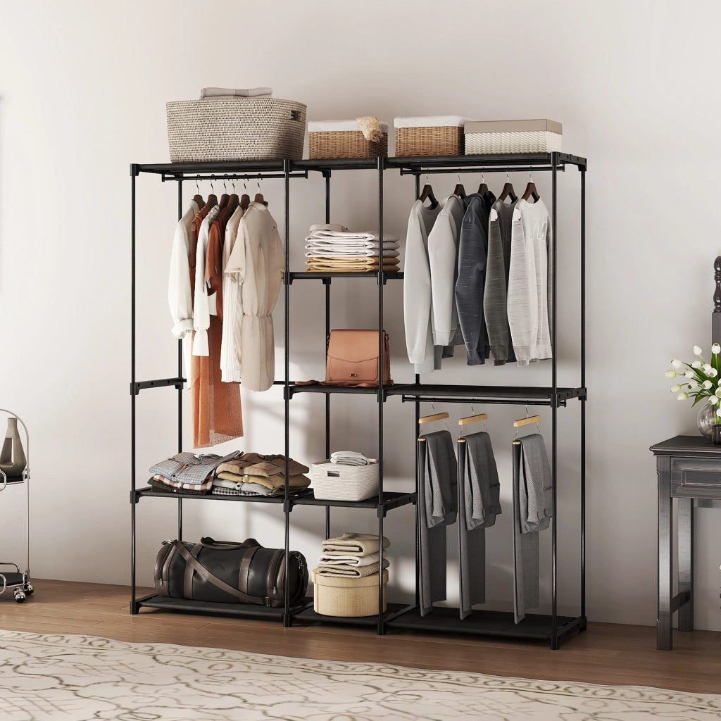 Armadio Guardaroba in Tessuto con 8 Ripiani e 3 Aste per Appendere, 182x43x185 cm, Nero