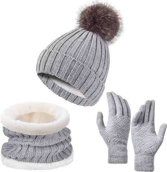 Set invernale 3 pezzi - Grigio - Sciarpa rotonda, cappello pompon, guanti touchscreen - Set invernale caldo per ragazze - Cappello - Guanti caldi - Sciarpa - Dimensione unica - bicicletta e camminata - scaldacollo
