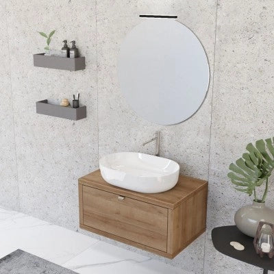 Mobile bagno sospeso 80 cm rovere miele con lavabo a bacinella e specchio tondo Master