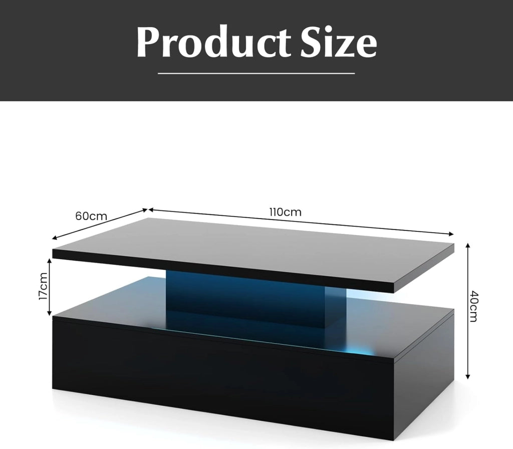 Tavolino da salotto con illuminazione dinamica a LED, tavolino da tè con colori di luce e luminosità regolabili, lucido, moderno tavolino a 2 livelli, 110 x 60 x 40 cm