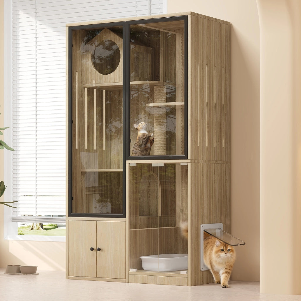 Mobile contenitore per gatti a più livelli con porta bloccabile e vetro, per interni, naturale, 90 × 50 × 160 cm