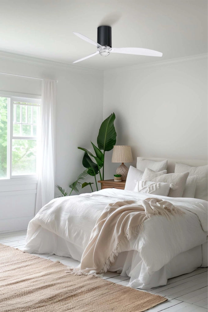 FARO Ventilatore da soffitto con luce MINI TUBE FAN Ø1280 mm motore DC 6 velocita con funzione inversa per ambienti 13–176 m² Nero Lucido trasparente Acciaio Vetro FARO-32040_10