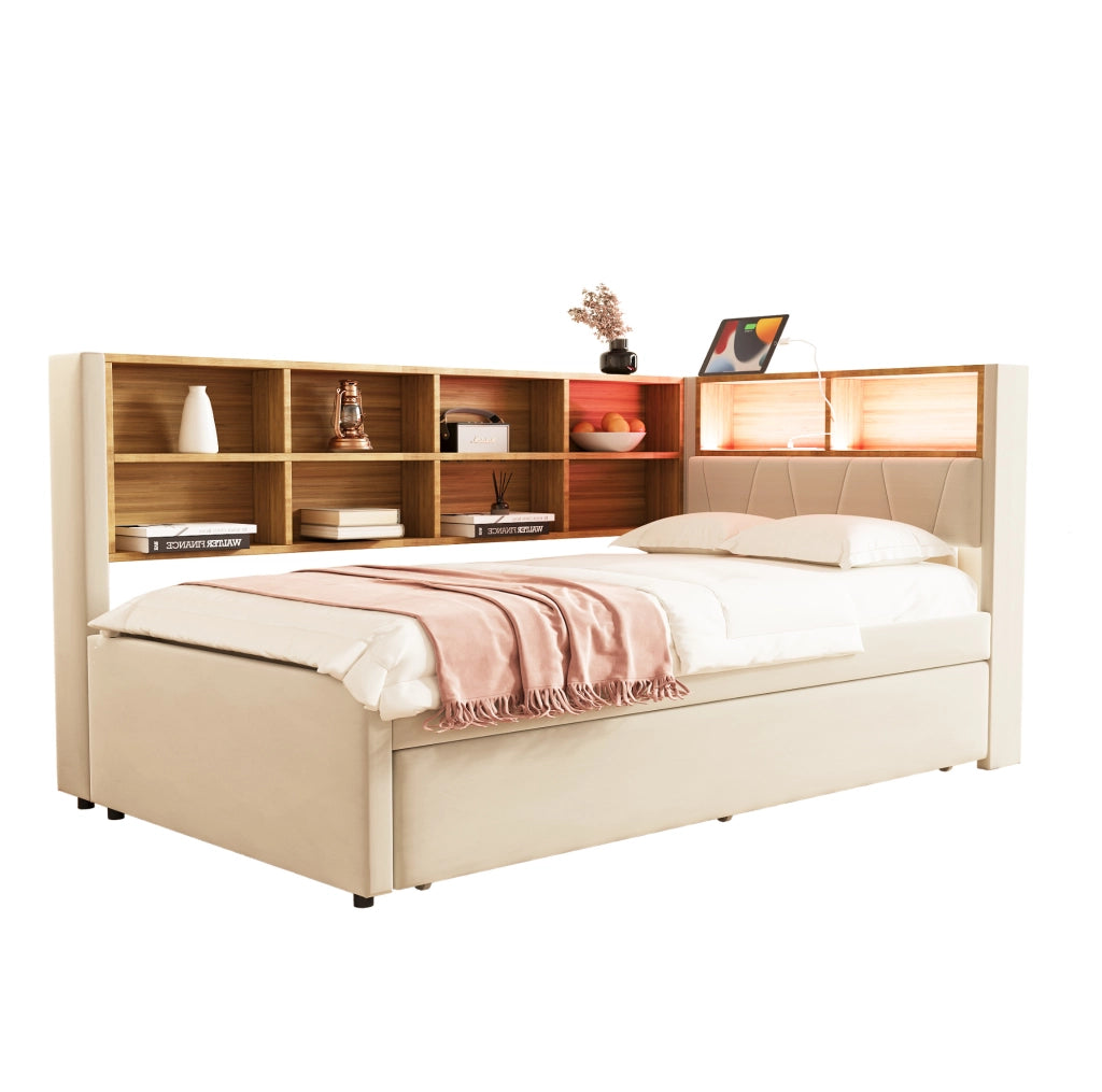 Divano letto multifunzione con letto estraibile, LED, prese e ampio spazio contenitivo