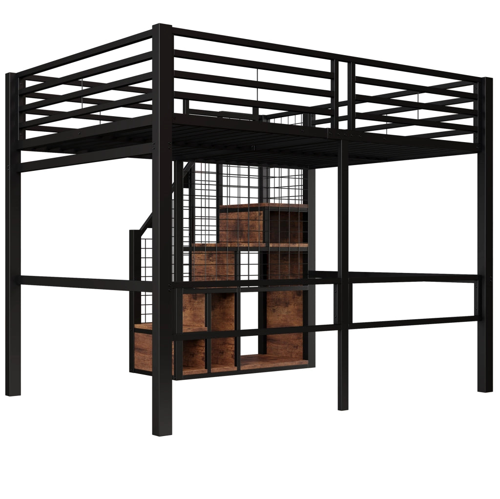 Letto a soppalco 140x200 cm in metallo nero con scala; zona appendiabiti e spazio sottostante