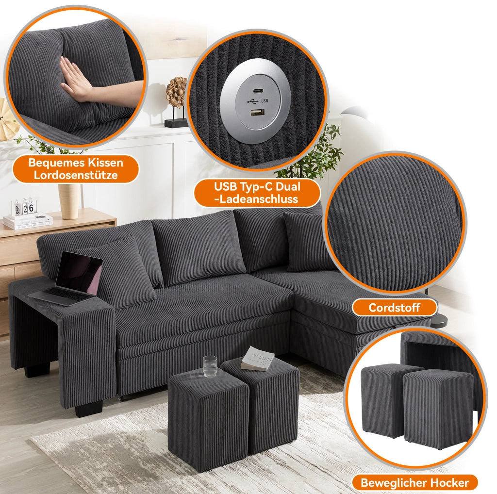 Divano letto angolare 3-4 posti in velluto a coste grigio con contenitore; USB e Type-C