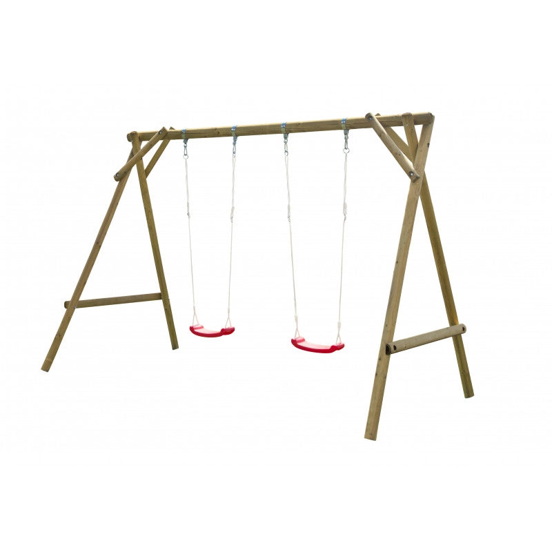 Altalena da giardino doppia per bambini, struttura in legno impregnato Ø10 cm con 2 seggiolini, uso esterno privato 3-14 anni - Esterni da Vivere
