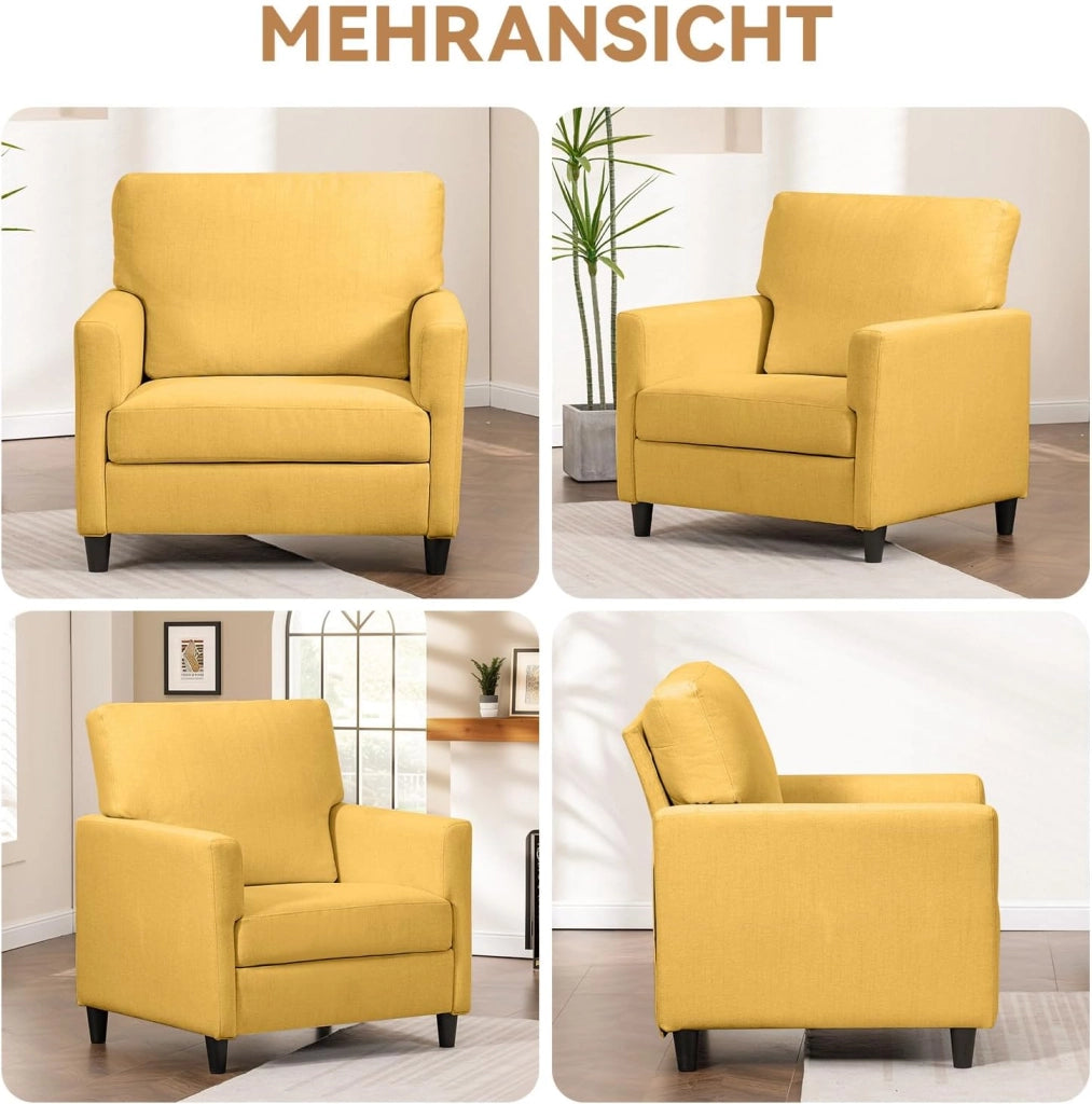 Poltrona Relax per TV, Poltrona Lounge per Soggiorno, Divano Singolo per Camera da Letto, Angolo Lettura, Seduta Laterale con Morbido Memory Foam, Rivestimento in Lino, Giallo