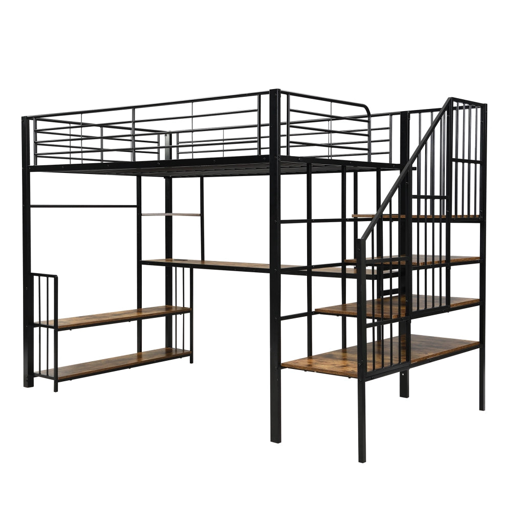 Letto a Soppalco 120x200 cm - Scala con Corrimano; Presa di Ricarica e Mensola - Nero