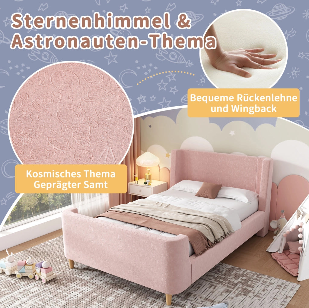 Letto singolo per bambini 90x200 cm in velluto rosa