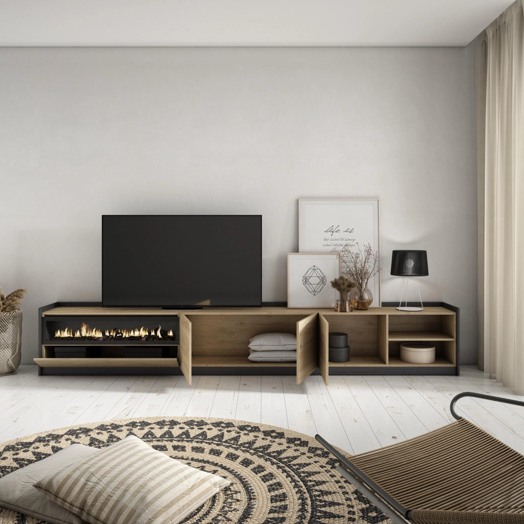 Mobile TV Soggiorno, 310x50x37 cm, Per TV fino a 80", Camino elettrico, Rovere e nero