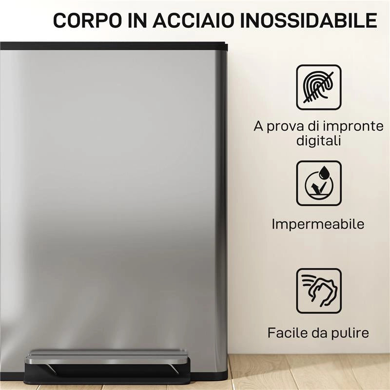 PATTUMIERA A PEDALE CON 2 SCOMPARTI DA 30L, COPERCHIO AMMORTIZZATO E SECCHI RIMOVIBILI, ACCIAIO INOX, ARGENTO