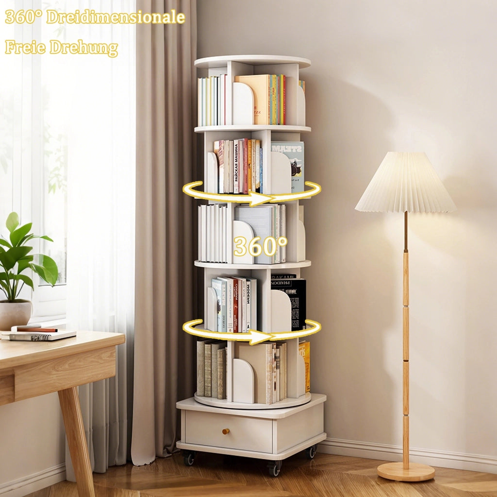 Libreria girevole 360° con cassetto e ruote, bianca