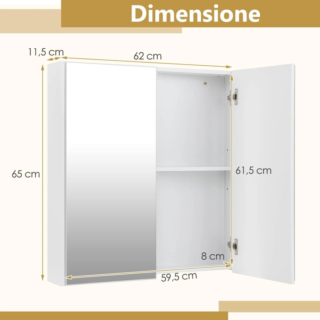 Armadietto da Bagno con Specchio a 2 Ante, Mobiletto da Parete Pensile con Mensola Regolabile, Mobile Bagno Sospeso con Specchiera 65 x 62 x 11 cm, Bianco