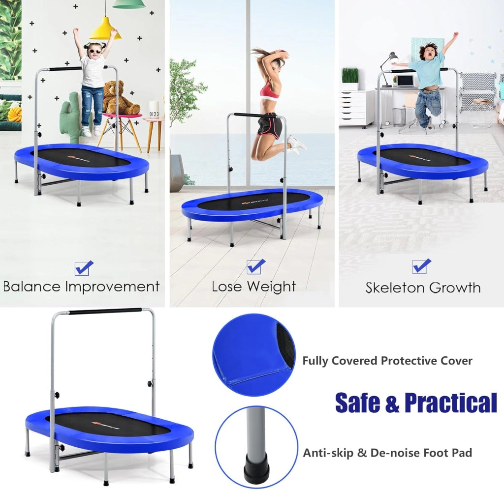 Trampolino doppio per bambini, 154 x 90 cm (L x L), Trampolino per fitness pieghevole, maniglia regolabile, rimbalzo ovale per bambini e adulti, portata massima di 150 kg