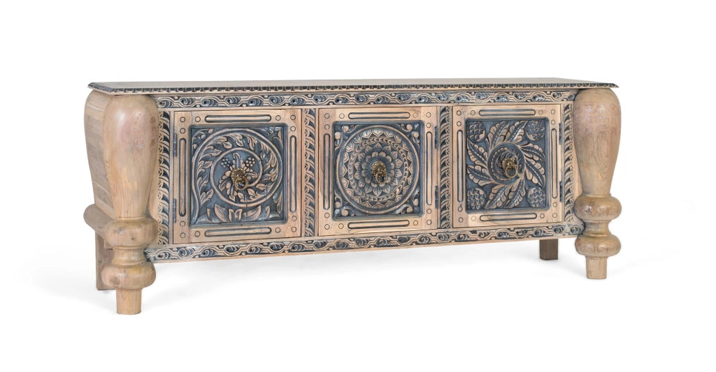 Credenza in teak massello intagli a mano e gambe tornite
