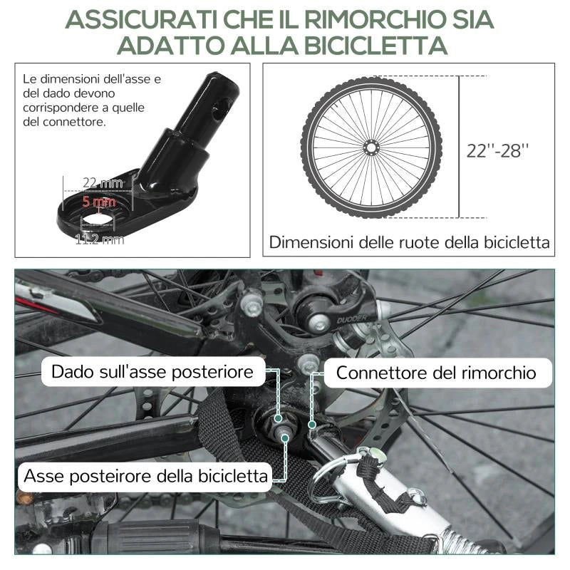 CARRELLO BICI DA 70L CON 2 RUOTE DA 16", 2 CATARIFRANGENTI E BANDIERINA, IN ACCIAIO E PE, 125X64X53.5 CM, NERO