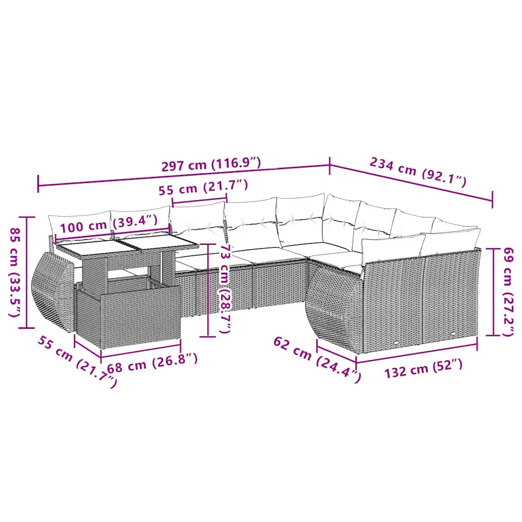 vidaXL Set Divano da Giardino 10 pz con Cuscini Beige in Polyrattan