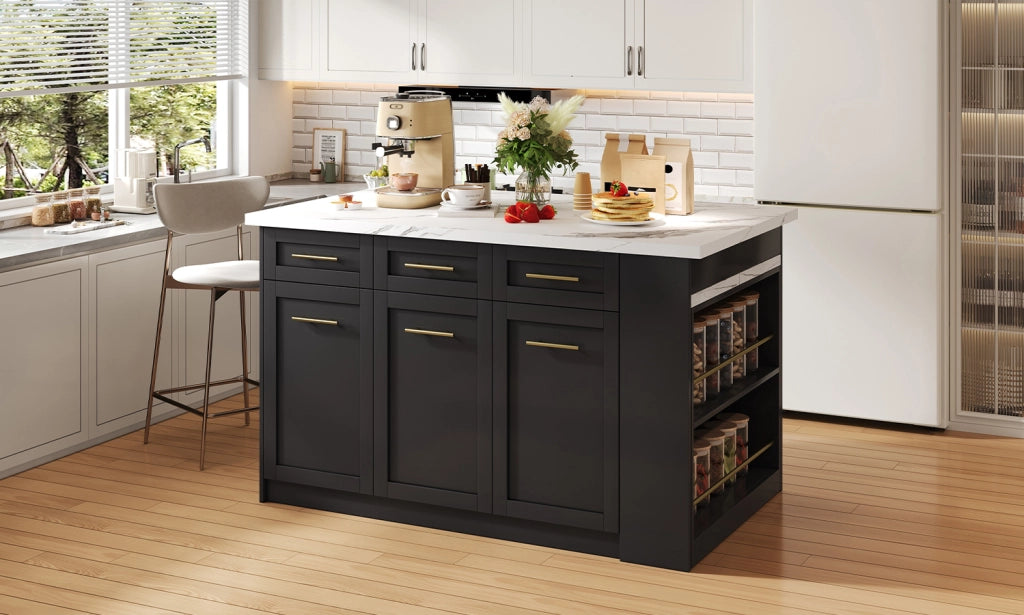 Isola da cucina moderna con tavolo estraibile 150x90x90 cm, finitura effetto marmo bianco, colore nero