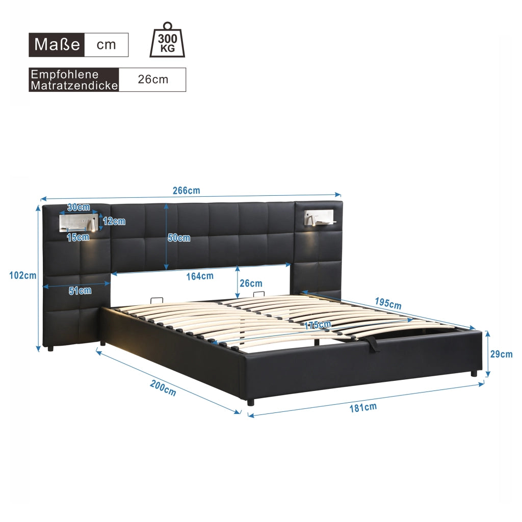 Letti contenitori 180x200 cm; sollevabile idraulico con USB e ricarica wireless; PU nero (Senza materasso)