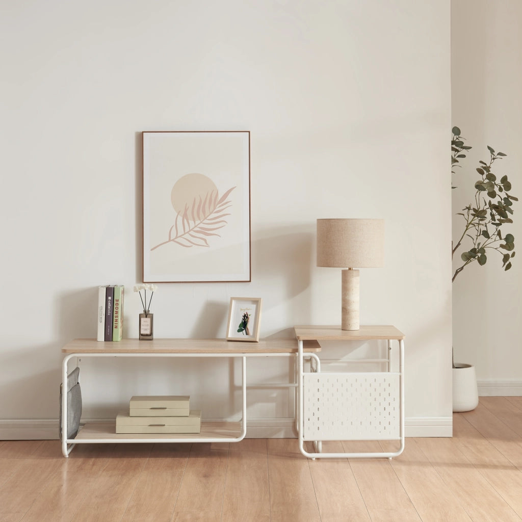 Set Dyrøy 2 in 1 Mobile TV e Tavolino Basso Sovrapponibile Bianco / Effetto Rovere [en.casa]