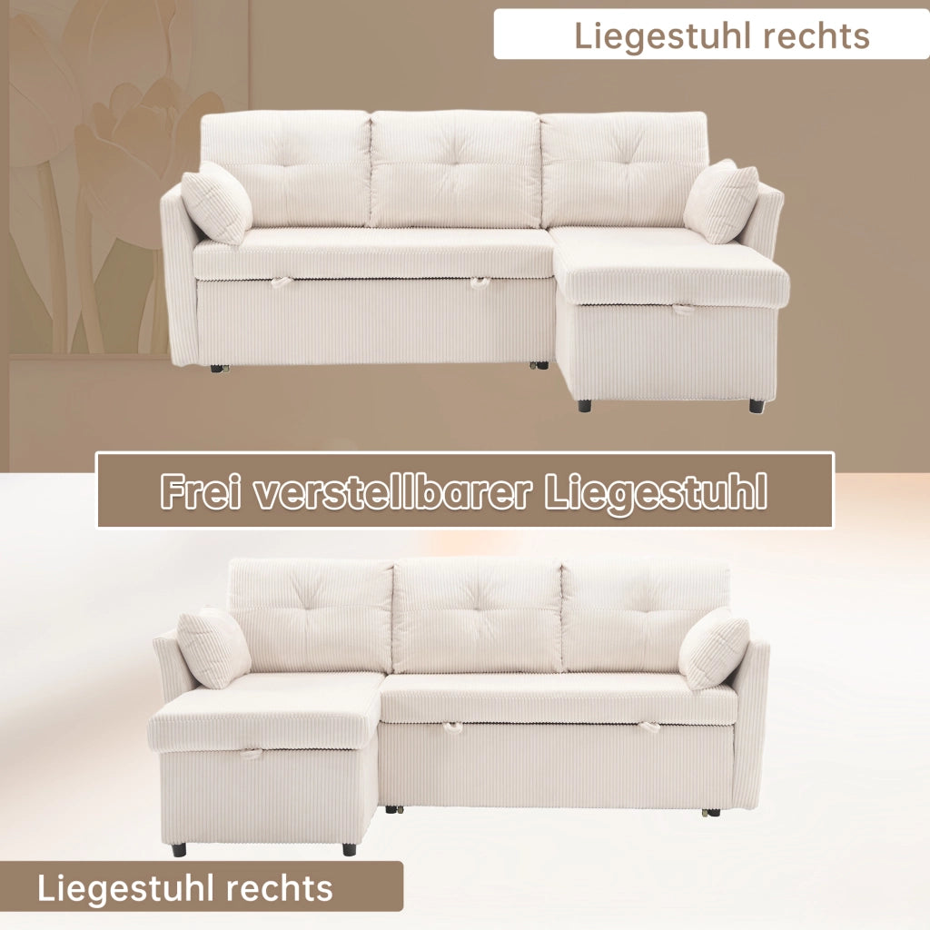 Divano letto angolare convertibile con contenitore, penisola reversibile e cuscini in corduroy beige 206 × 108 × 66-88 cm