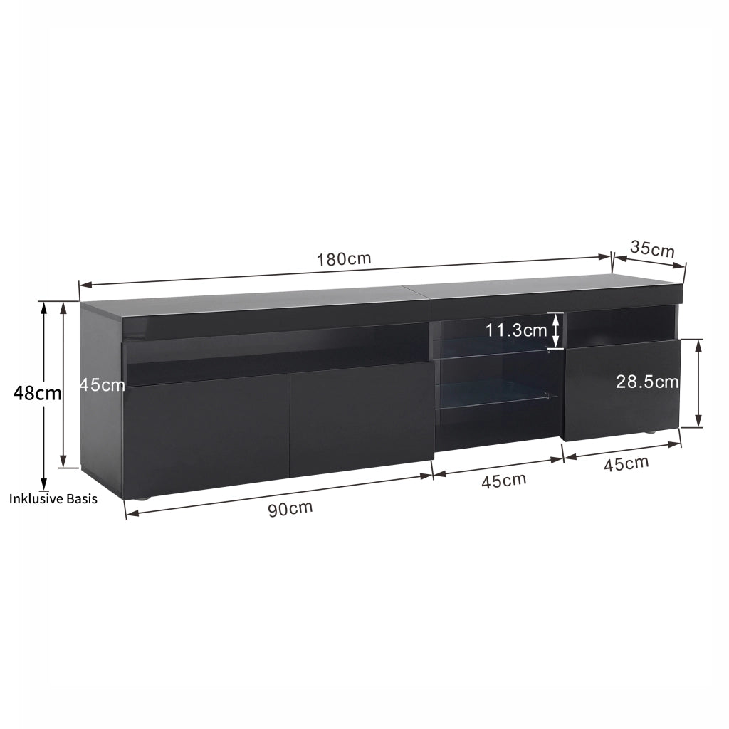 Mobile porta tv moderno con LED variabile, pannello lucido in MDF e vetro laminato nero 180 × 35 × 48 cm
