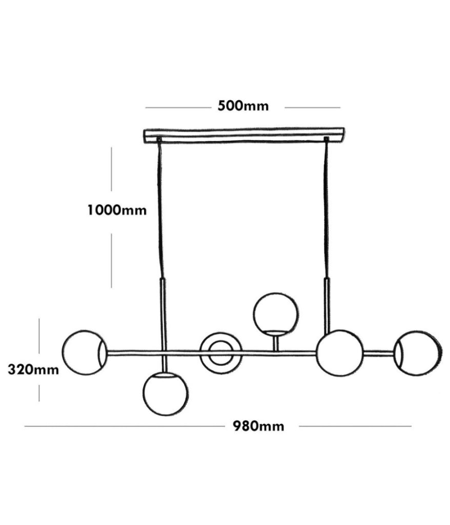 Lampadario moderno a sospensione con 6 sfere ed attacchi per lampadine LED G9