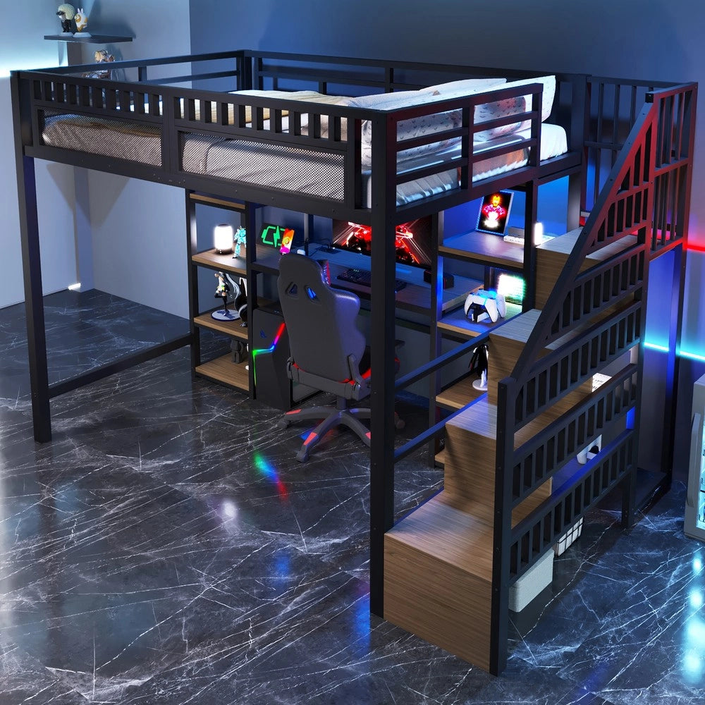 Letto a Soppalco con Scrivania e LED ¨C MINIMAL ¨C Struttura Metallo Nero 140x200