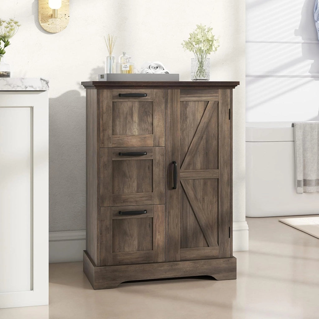 Mobiletto da Pavimento in Legno, Organizzatore per Conservazione Rustico con Porta da Fienile e 3 Cassetti, Buffet Laterale Autonomo per Cucina, Soggiorno, Sala da Pranzo (Grigio)