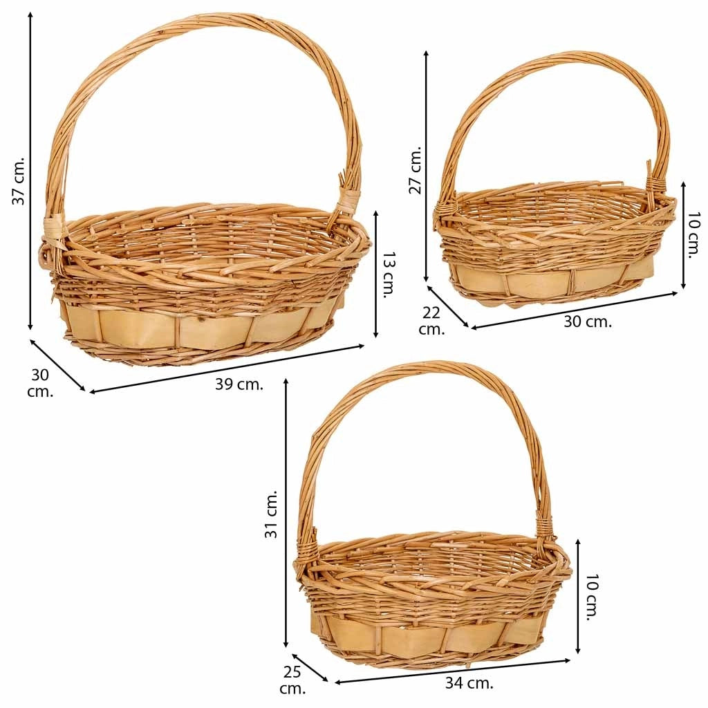 Set di 3 cestini in vimini con manici marroni