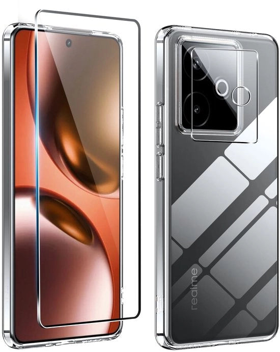 Copricapo per Telefono con Protezione Completa - Copricapo per Realme GT7 - Vetro Temprato - Protezione per Lente - Resistente allo Shock - TPU-Silicona - Precisi Fori di Scollo - Copricapo per Telefono