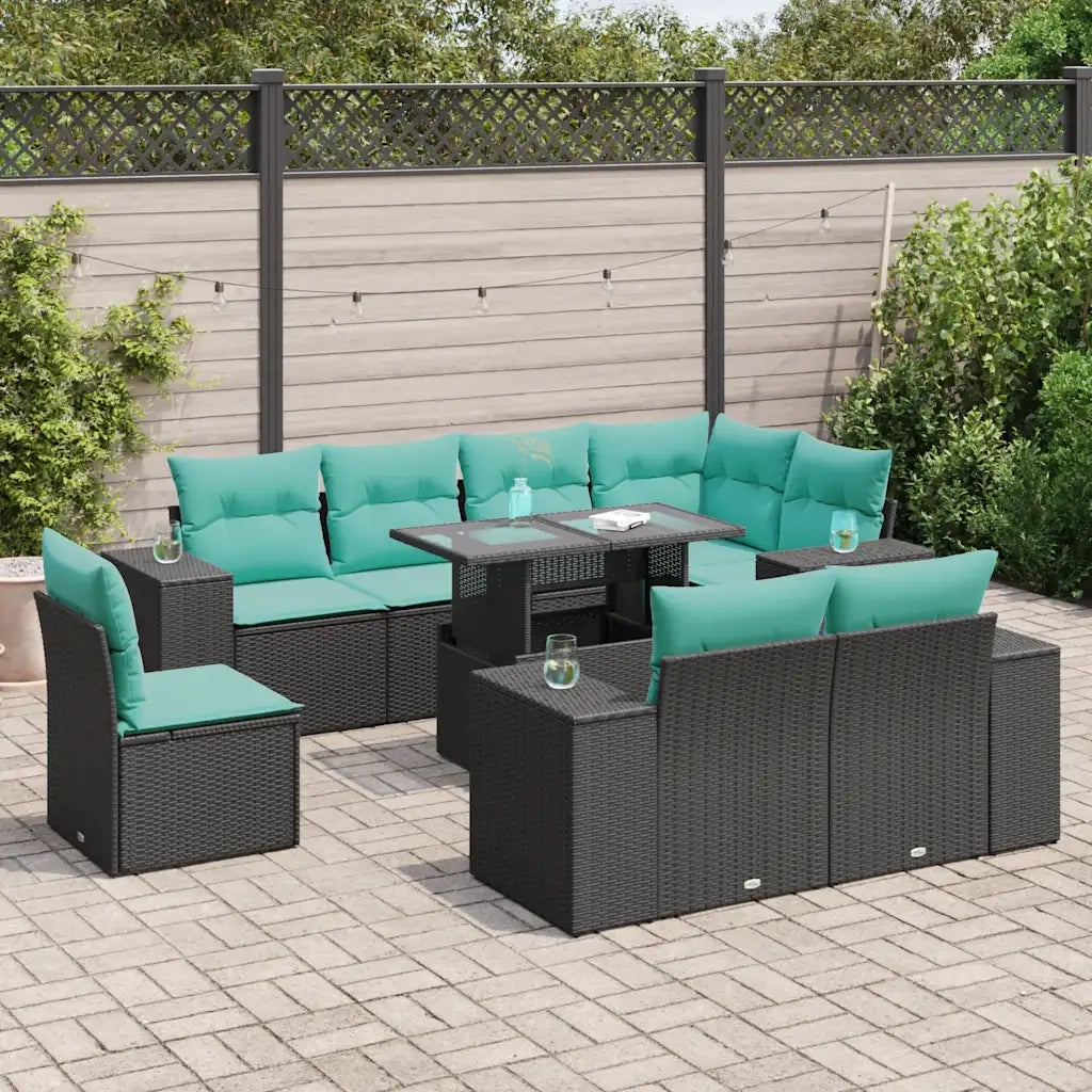 Set Divani Giardino 9 pz con Cuscini Nero in Polyrattan Acacia