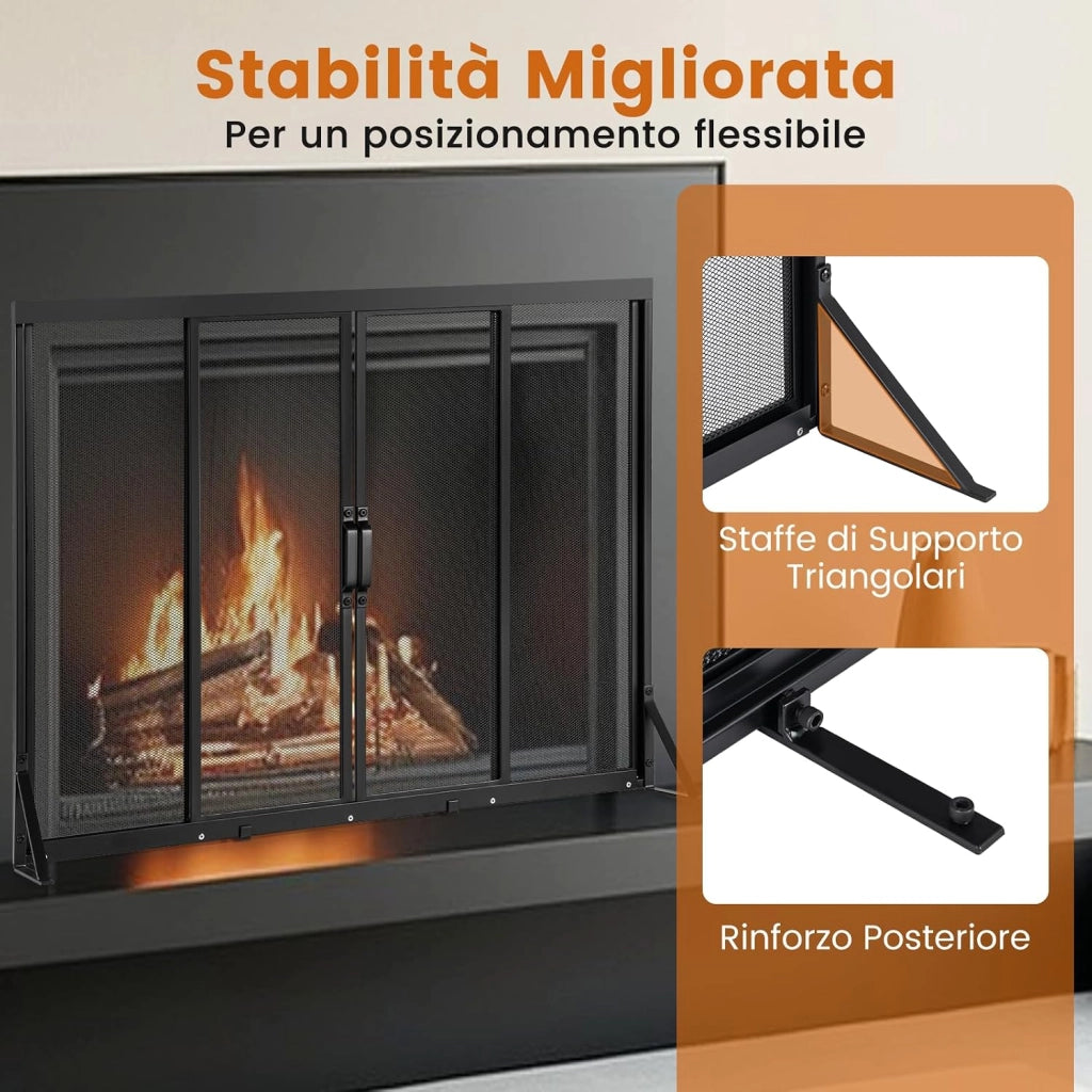 Griglia Parascintille Camino con 2 Pannelli Scorrevoli, Maniglie Convenienti e Telai di Supporto a Triangolo, Ventilazione Eccellente, Schermo per Camino in Rete Metallica (96 x 79 cm)