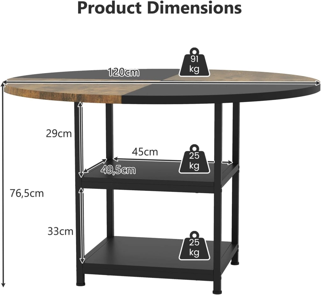 Tavolo da pranzo rotondo a 3 livelli, tavolo da cucina φ 120 cm per 4-6 persone, 2 ripiani aperti, stile industriale, telaio in metallo, per sala da pranzo, soggiorno