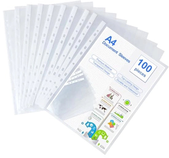 Pacco di 100 foglietti di protezione A4 per film trasparente in PP plastica cristallino per la conservazione e protezione di documenti, carte e dossier (30,5 x 23,5 cm)