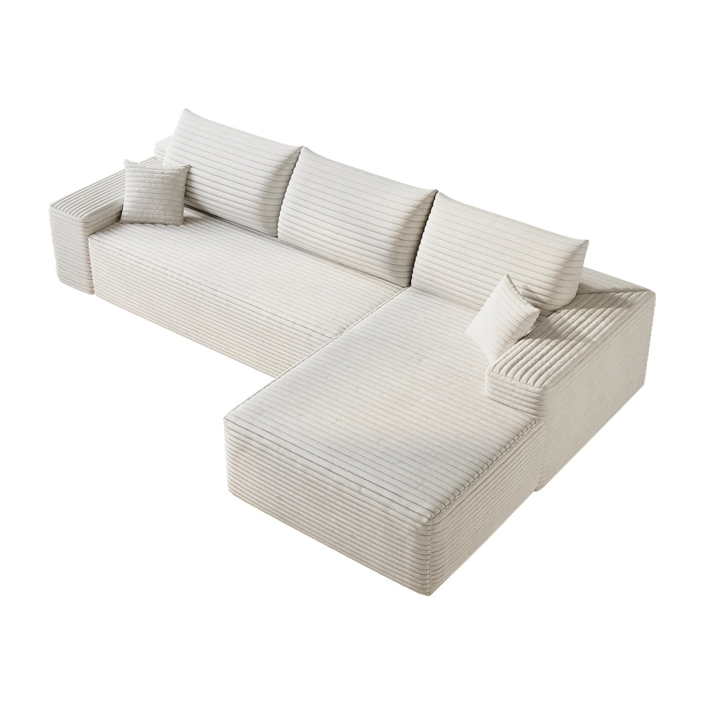 Divano angolare modulare con chaise longue in velluto a coste rigato e schiuma elastica facile da montare bianco
